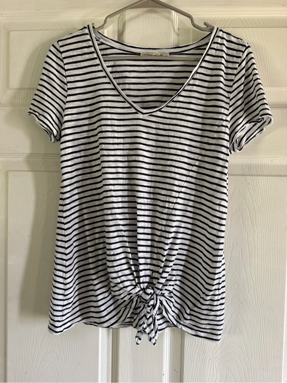 Express Black & White Striped V-Neck Tie-Front Tee